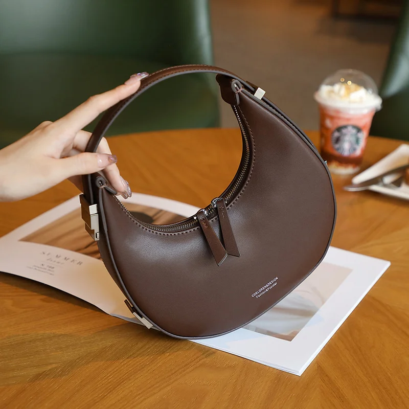 

VOLASSS New Small Cowhide Shoulder Bag Women 2024 Luxury Genuine Leather Handbag Ladies Designer Elegant Moon Split Leather Bags