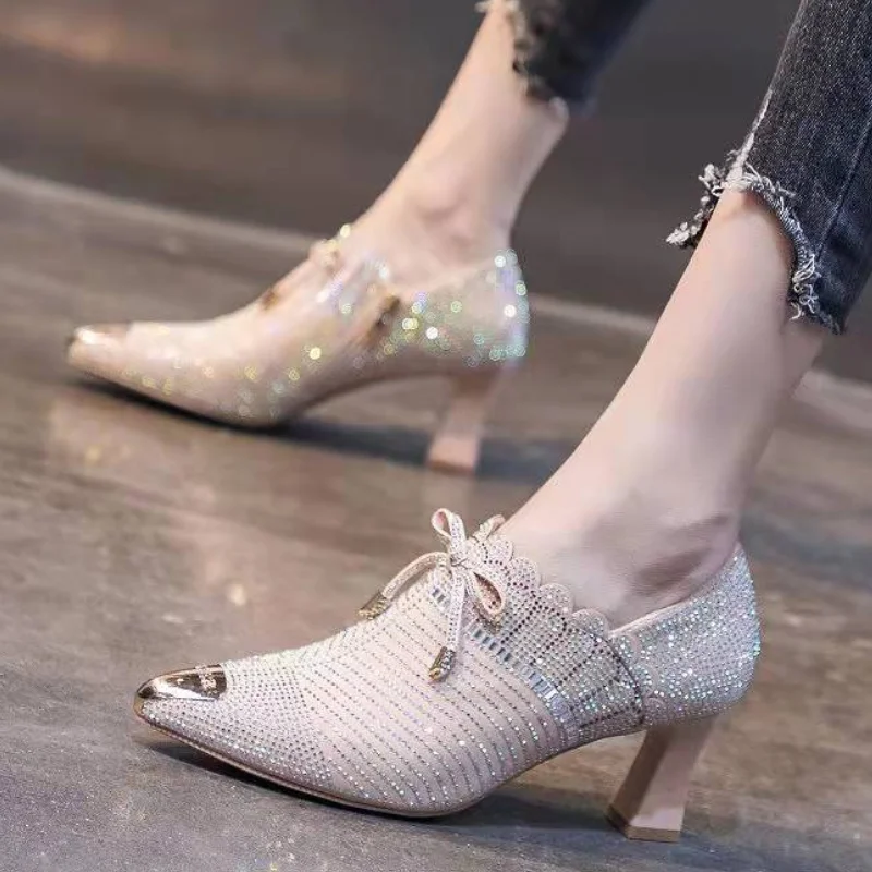 

2022 Autumn Women Naked Boots,Sexy Hollow out Rhinestone Mesh Shoes,Fashion Summer Heels,Pointed toe,BLACK,GREY,Dropshipping