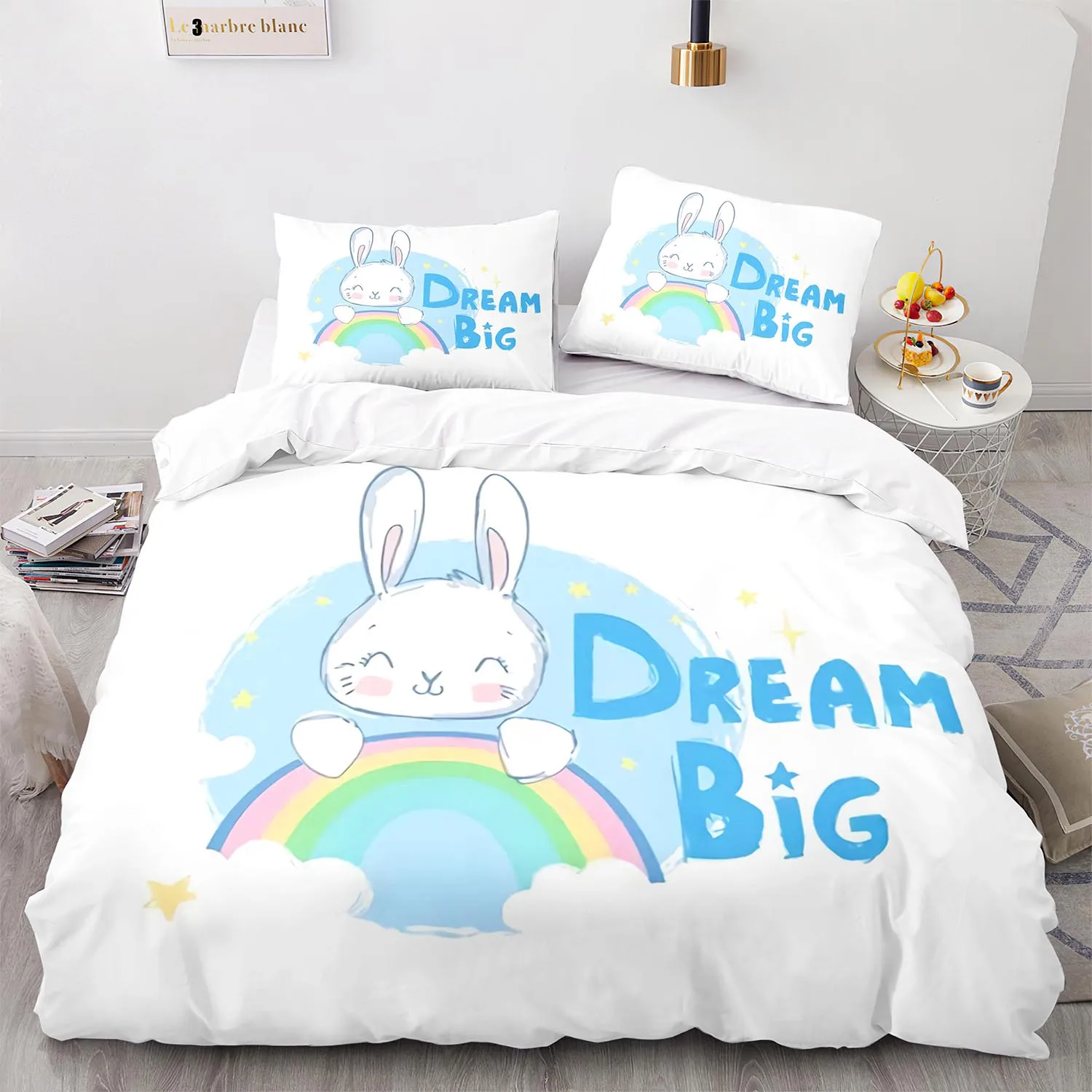 

Single Twin Full Queen King Size Cute bunny Bed Set Aldult Rainbow Bedding Set Kid Bedroom Duvetcover Sets 3D Anime 020