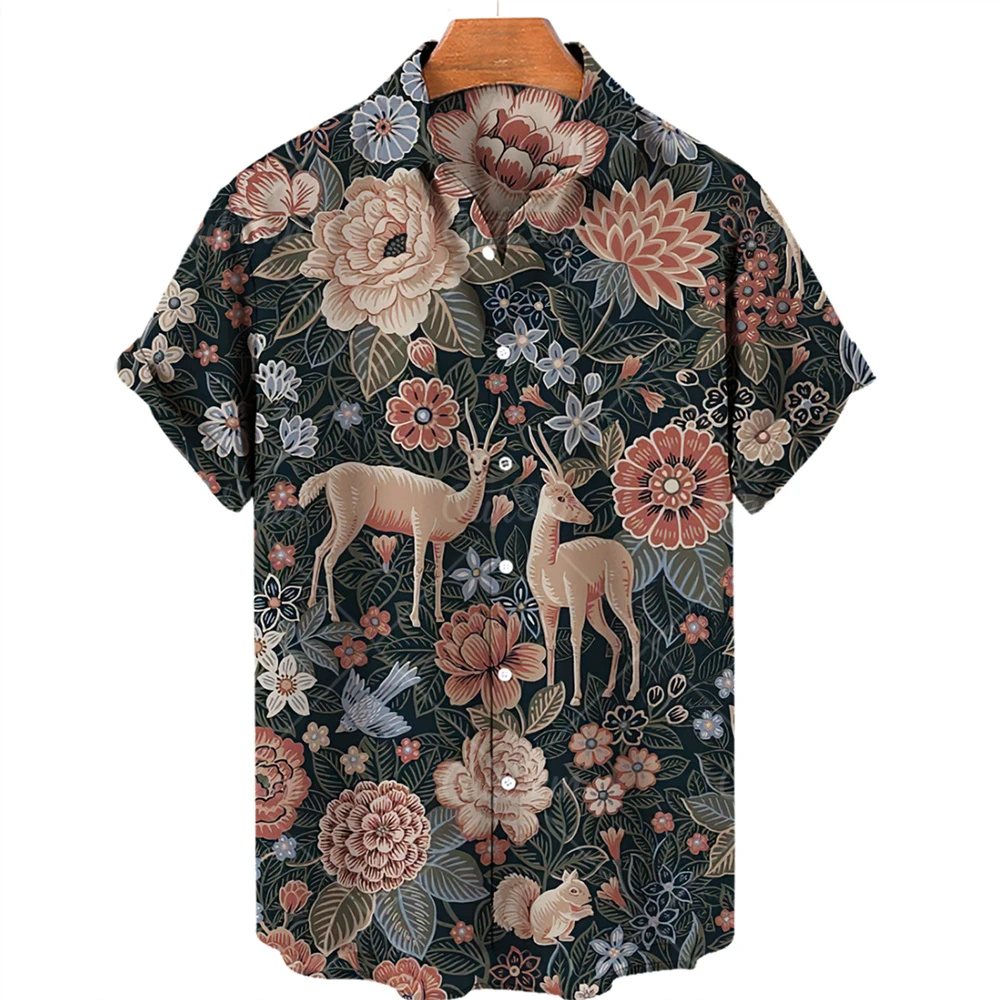 Floral Shirts For Men Short Sleeve Lapel Animal 3D Print Shirt Vintage Party Casual Summer Hawaiian Holiday Male Tops S-5xl