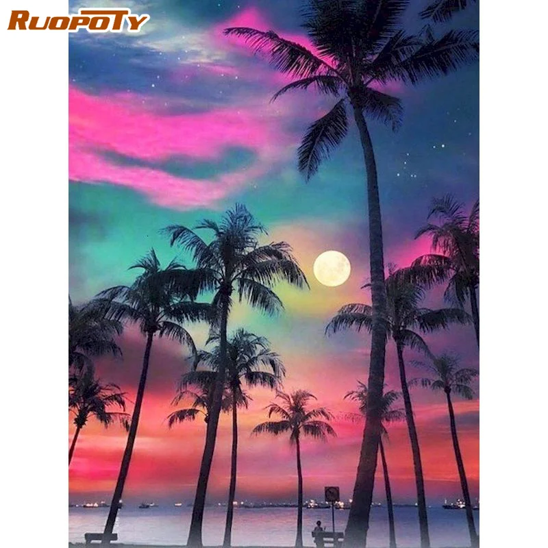 

RUOPOTY DIY Diamond Embroidery Coconut Tree Scenery Picture Rhinestones Full Square Mosaic Cross Stitch Planet Wall Art