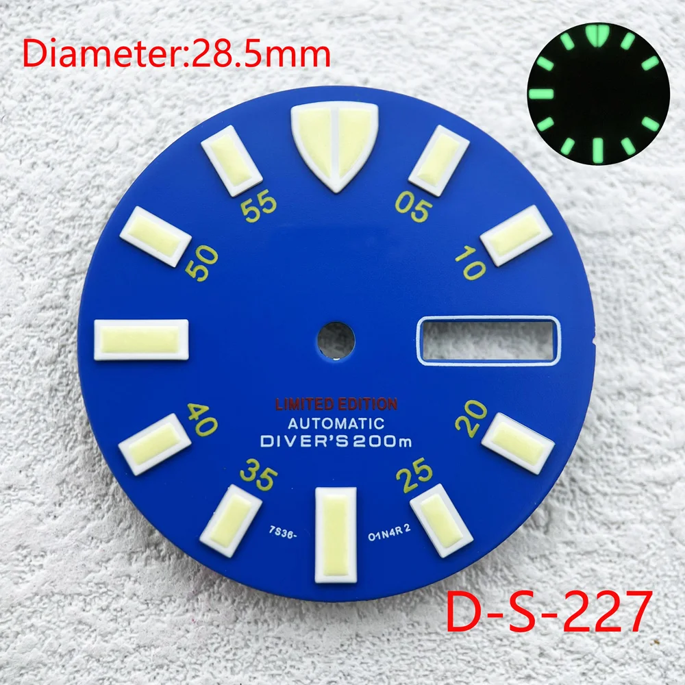 28.5mm Green/Blue Luminous Modification  Dial Watches Accessories for NH35 NH36 Automatic Movement With S Logo Customizable Logo
