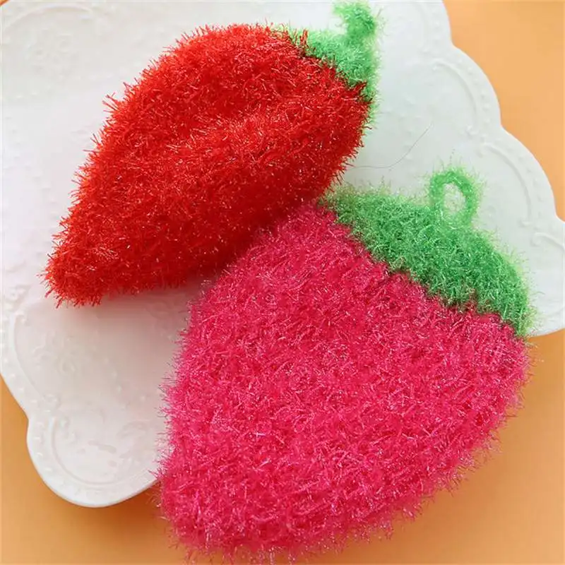 

2PCS Kitchen Washing Cloths Hook Woven Handmade Household Cute Strawberry Cleaning Cloth Fruit Dishwashing Towel