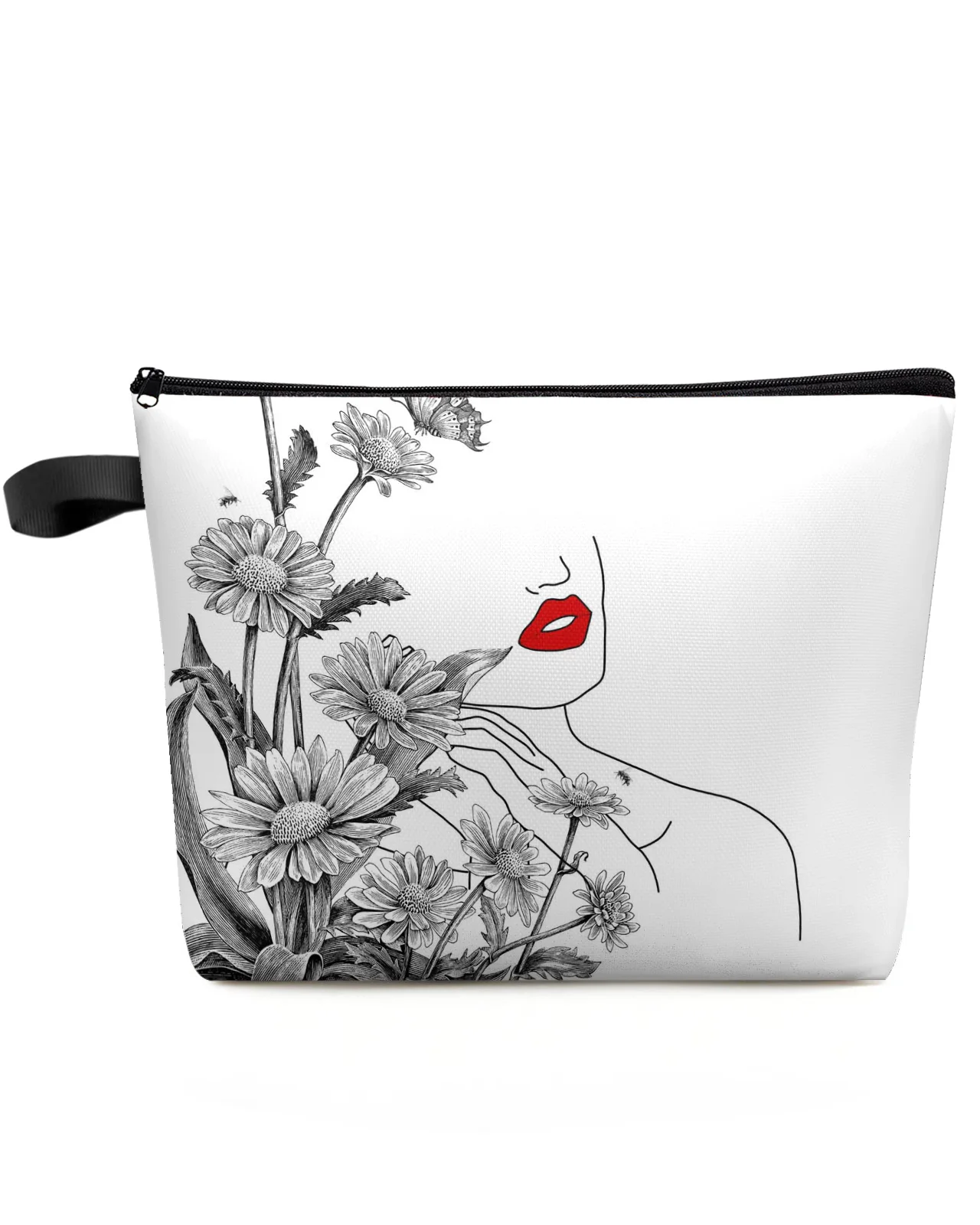 

Flower Daisy Female Line Red Lips Makeup Bag Pouch Travel Essentials Women Cosmetic Bags Toilet Organizer Storage Pencil Case