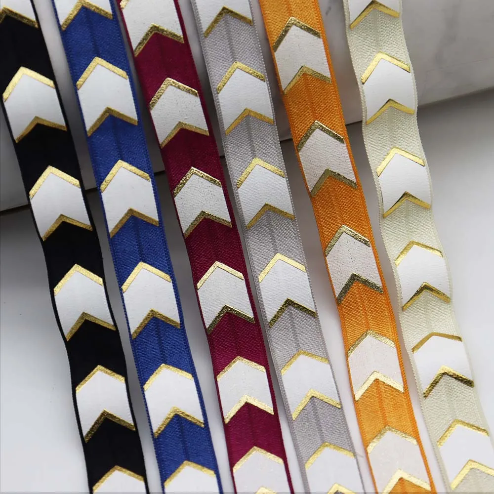 

5/8" 15MM Gold Foil Big Chevron With White Ink Printed Fold Over Elastic FOE Ribbon For Ponytail Hair Tie Hair Accessories Headw