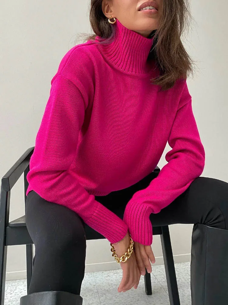 Rose Red Autumn Winter Women's Sweater Pullover 2023 Basic Green Turtleneck Jumper Vintage Knitted Sweaters for Women