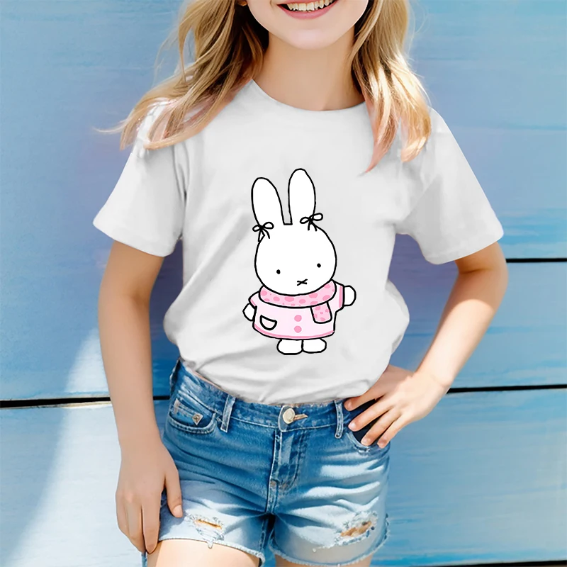 Фото Топ с короткими рукавами для девочек из серии Miffy, летняя детская футболка с мультяшным принтом, модная детская одежда с изображением кролика, забавный подарок на день рождения №3