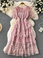 vintage gentle pink mid dresses for women 2022 new summer preppy style woman o neck slim waist mesh embroidered mid length dress