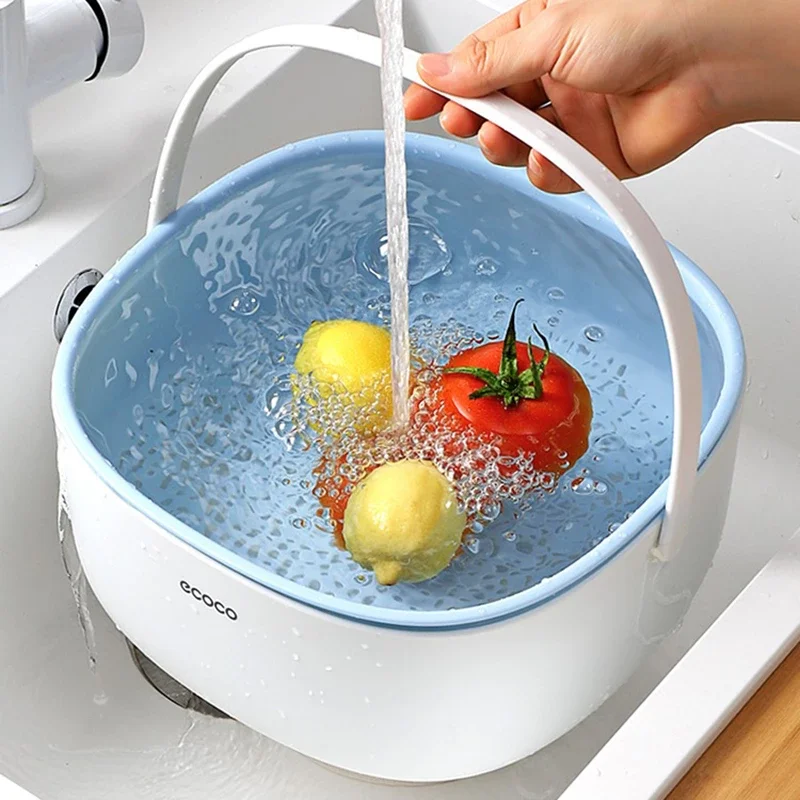 

Portable Double Drain Vegetable Basket Bowl Washing Holding Kitchen Fruit Strainer Noodle Cleaning Colander Tool