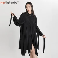2022 new black shirt dress women loose long sleeve blouse spring autumn a line tassel decorate streetwear vestidos mujer