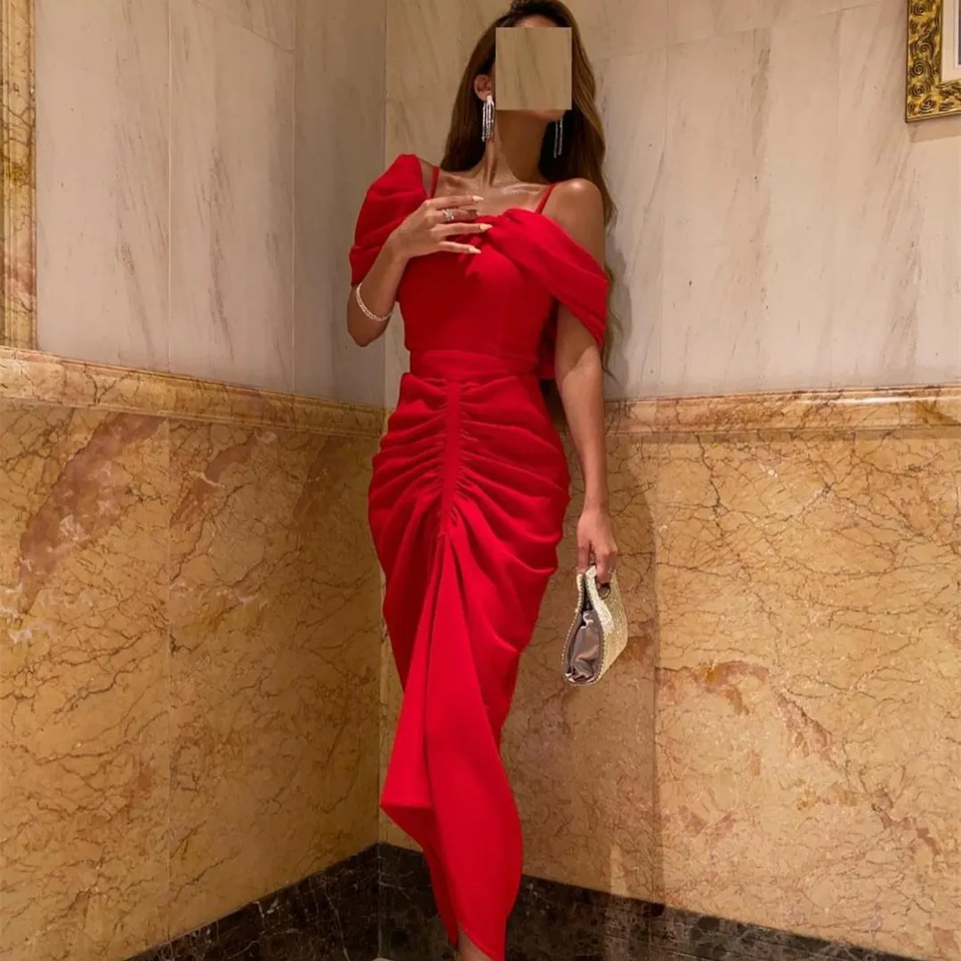 

Elegant Long Red Pleated Evening Dresses Sheath Spaghetti Muslim Ankle Length Ruched Zipper Back Formal Party Dress for Women