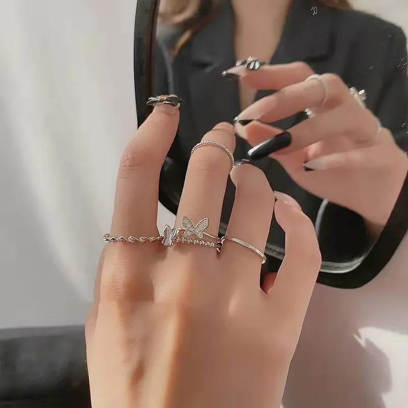 

4Pcs/Set Kpop Zircon Butterfly Silver Color Charm Joint Rings Set For Women Bff Aesthetic Y2K EMO Jewelry Accessories Wholesale