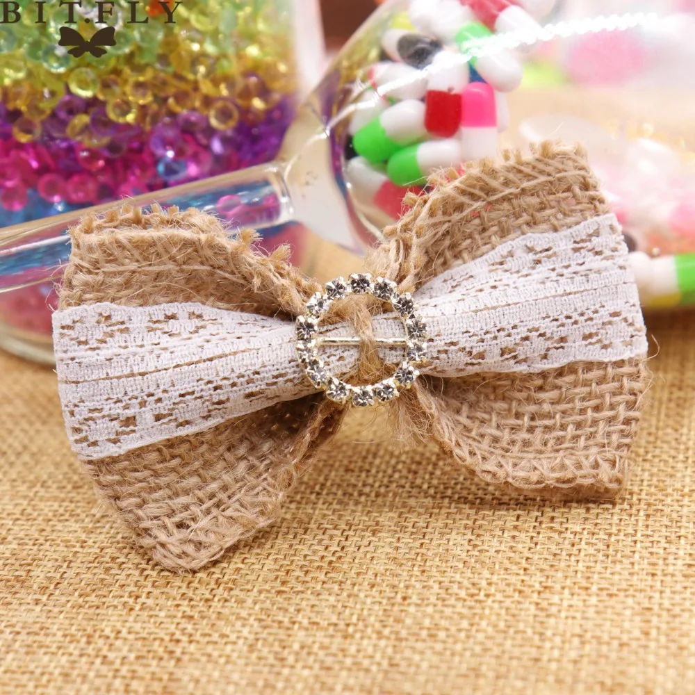

lace bows with heart Rhinestone Buckle 10PCS/lot DIY Jute Burlap white wedding party decorations Hair Hat craft Birthday Gif box