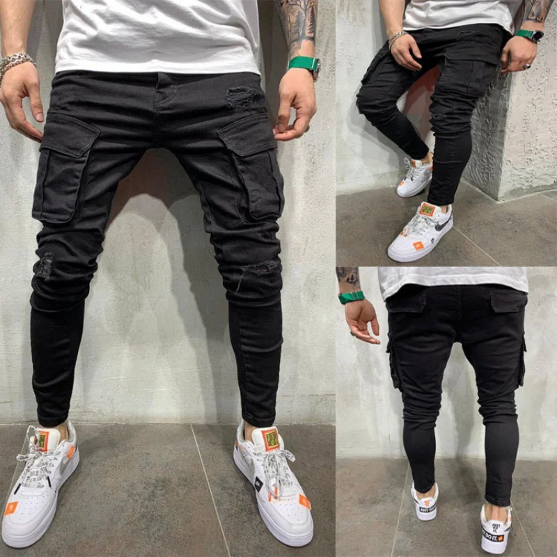 Fashion Mens Stretchy Skinny Jeans Male High Street Multiple Pockets Slim Fit Denim Pants Casual Streetwear Jogger Pants Jeans