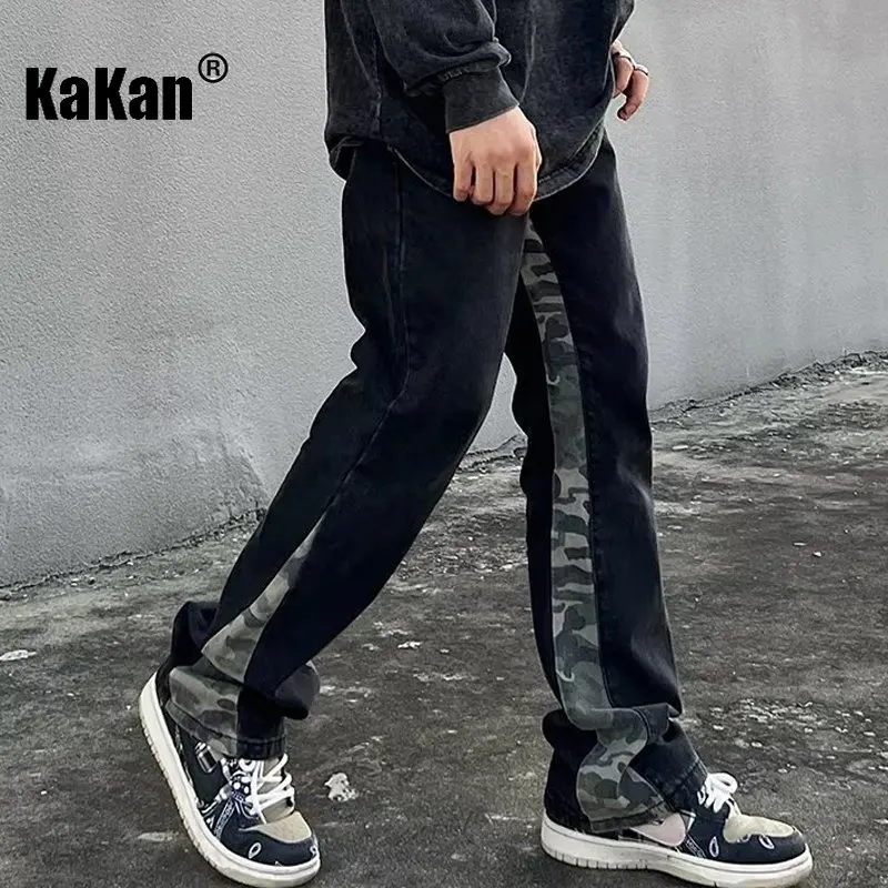 Kakan - New Washed Retro Camouflage Patchwork Jeans for Men, Black Design Feel Straight Tube Micro Flared Long Jeans K33-M004