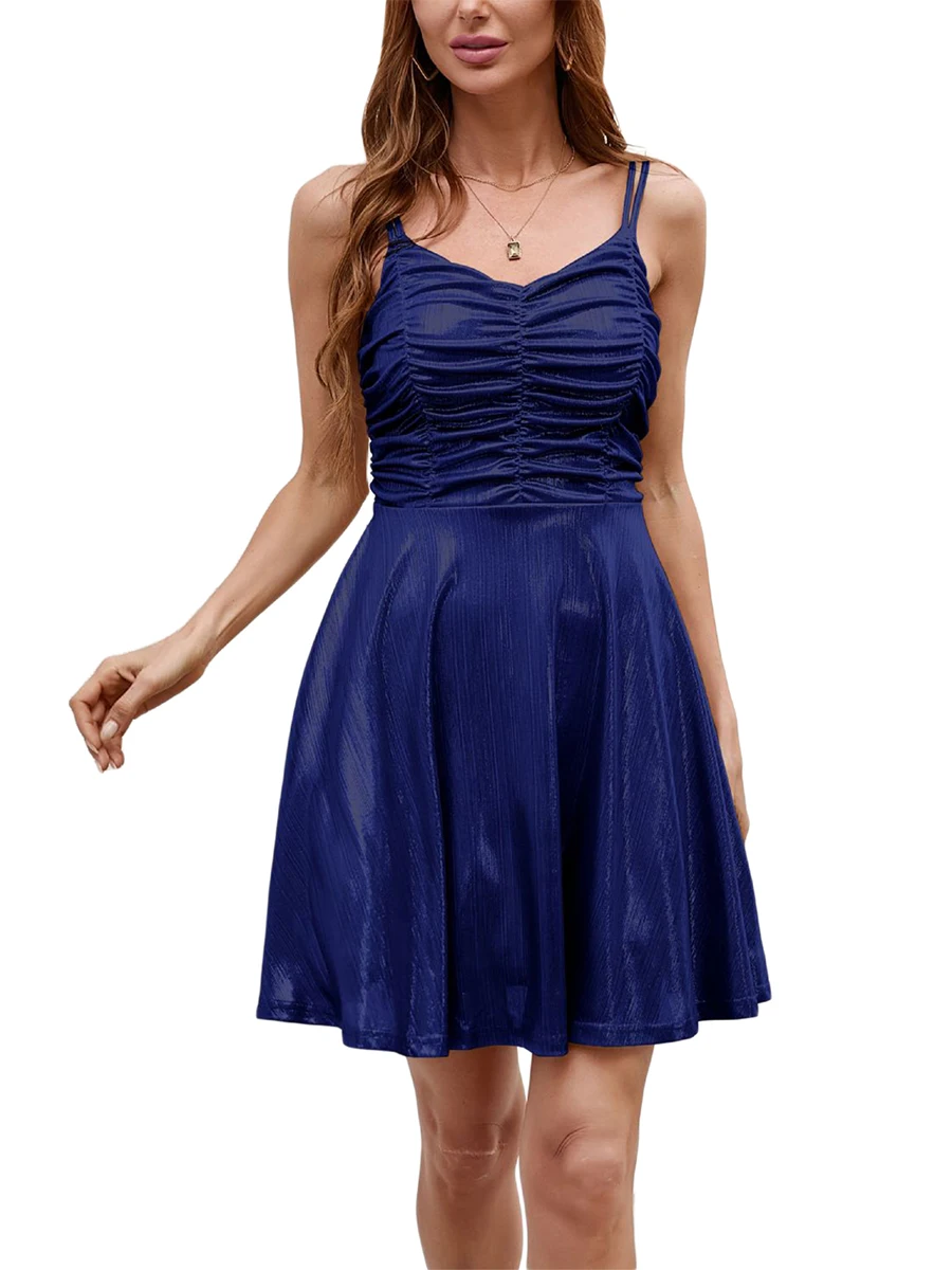 

Women Shiny Spaghetti Strap Dress Ruched Sleeveless Backless Bodycon Short Dresses Party Club Cami Dress