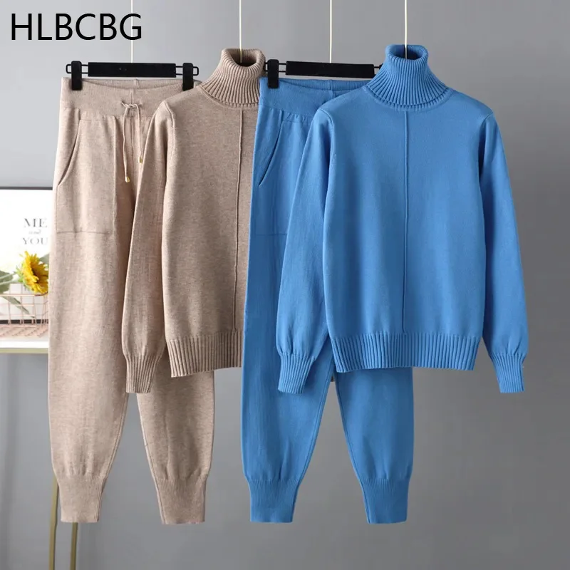 

2023 New 2 Pieces Set Women Knitted Tracksuit Turtleneck Sweater Carrot Jogging Pants Pulr Sweater Set CHIC Knitted Outwear