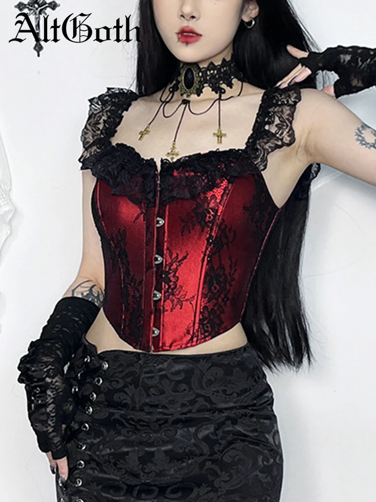 

AltGoth Gothic Dark Vintage Vest Women Palace Style Punk Harajuku Lace Patchwork Corset Crop Tank Tops Soft Grunge Indie Clothes