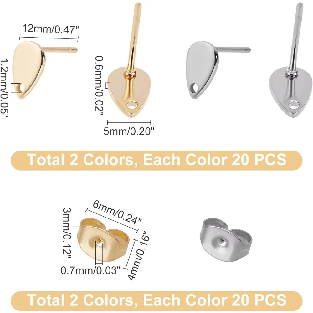40 шт. круглые серьги-гвоздики из нержавеющей стали 2 цвета