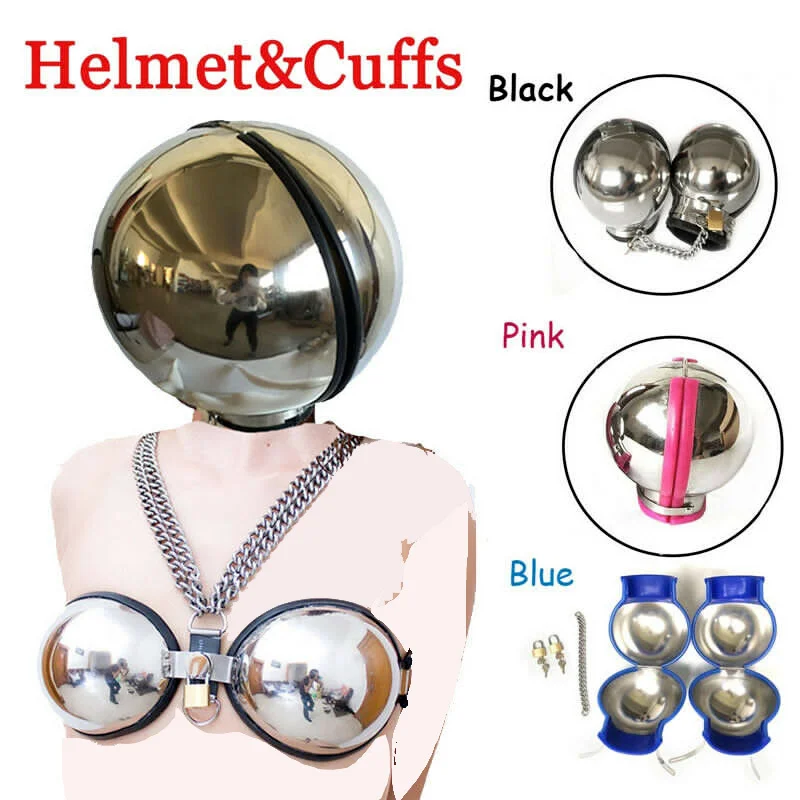 Stainless Steel Round Ball Helmet Bondage Restraint Lockable Hood Cover Fist Mitt Head Hood Adult Slave Sex Toys for Men Women