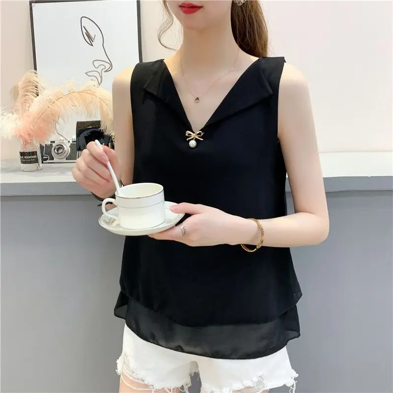 

Fashion Brand Camisole Women 2023 Summer Chiffon Sleeveless Top Western Style V-Neck Loose Outer Wear Womens Casual Shirt Blusas