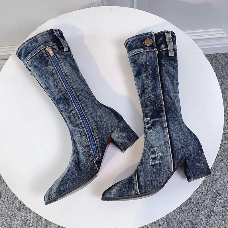 

Denim Blue Thigh High Boots for women Summer peep toe stiletto heels fashion Jeans Over The Knee Boots