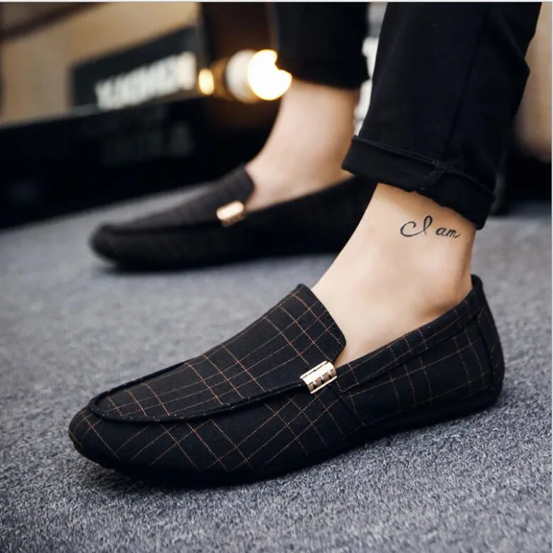 

Men Shoes Fashion Loafers Breathable Canvas Sneakers Men Slip-On Casual Shoes Soft Comfortable Non-slip Driving Flats Black Gray