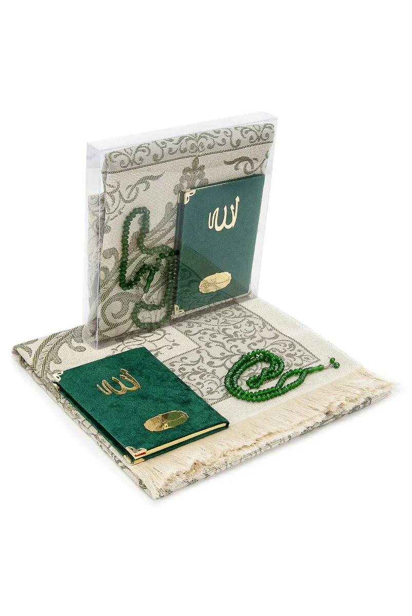 

IQRAH Bag Oversized Velvet Yasin Book-Prayer Rug-Rosary and Transparent Boxed Mawlid Gift of-green