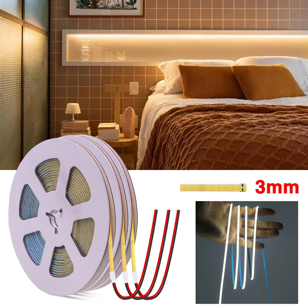 

Narrow PCB 3MM COB Strip 12V 24V 384Leds/M Natural White/Warm White 3000K 4000K 6000K Flexible Ribbon Rope FOB Light 5m/Roll