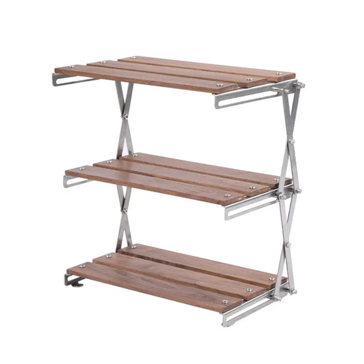 

Outdoor stainless steel oak camping folding wood shelf multifunctional portable picnic outdoor shelf