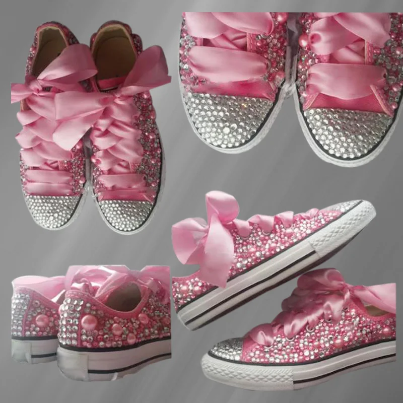 

Pink low-top ribbon canvas shoes stitching pearl rhinestones comfortable walking handmade rhinestone vulcanized shoes 35-46