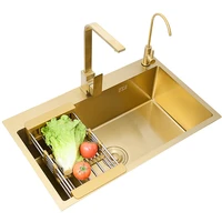 stainless steel brushed gold kitchen sink single bowl workstation sink with accesssories above counter rectangular sink 53x43cm