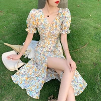 new chiffon summer bubble sleeve short sleeved v neck floral dress woman french temperament in the long split a line skirt