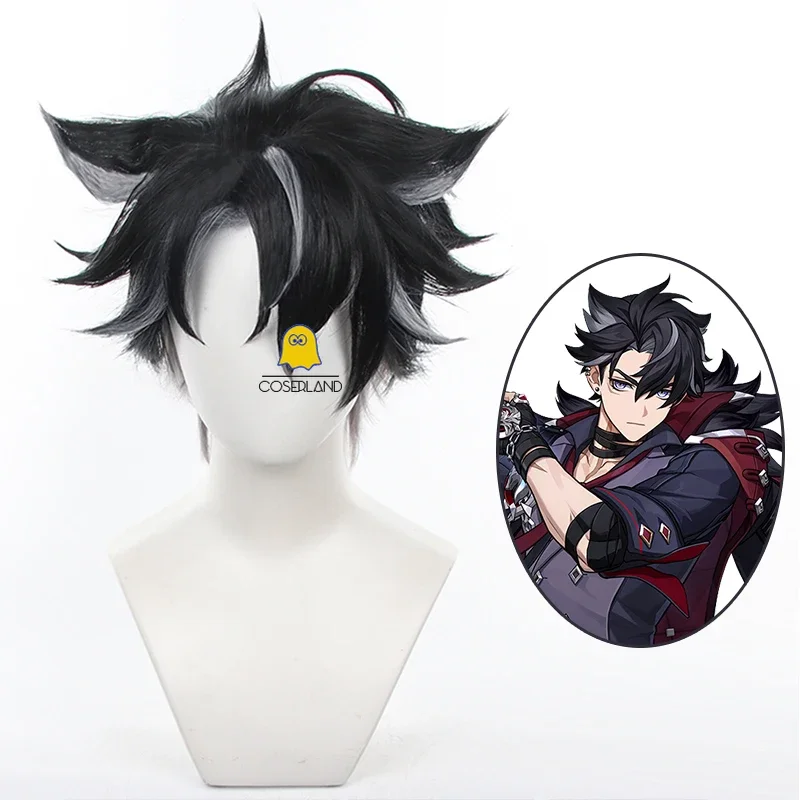 Парик для косплея Genshin Impact Wriothesley черно-серые короткие волосы серьги Фонтейн