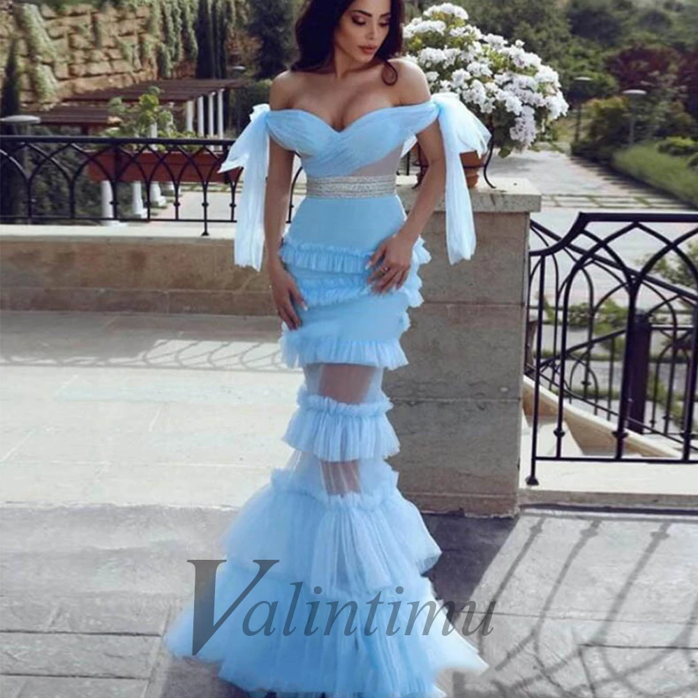 

Elegant Sky Blue Off The Shoulder Tiered Luxury Celebrity Gown Evening Dress Pleat Made To Order Robes De Soirée Formal Prom