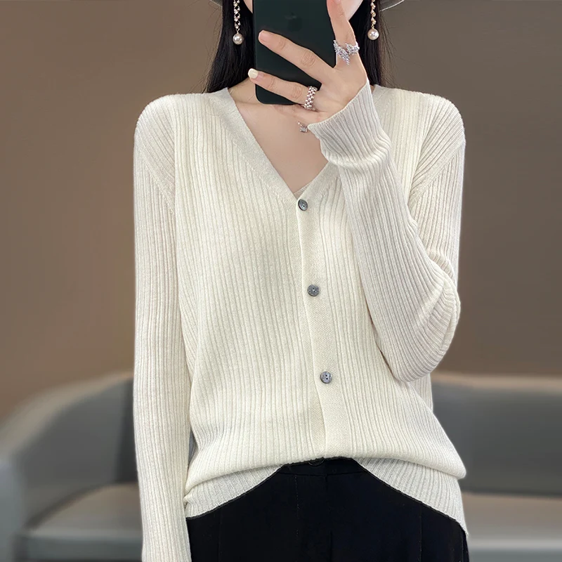 

Женский трикотажный кардиган из тонкой шерсти, элегантный топ с V-образным вырезом, тонкое пальто, высокая эластичность, Повседневная Мягкая Дамская куртка, весна 2023