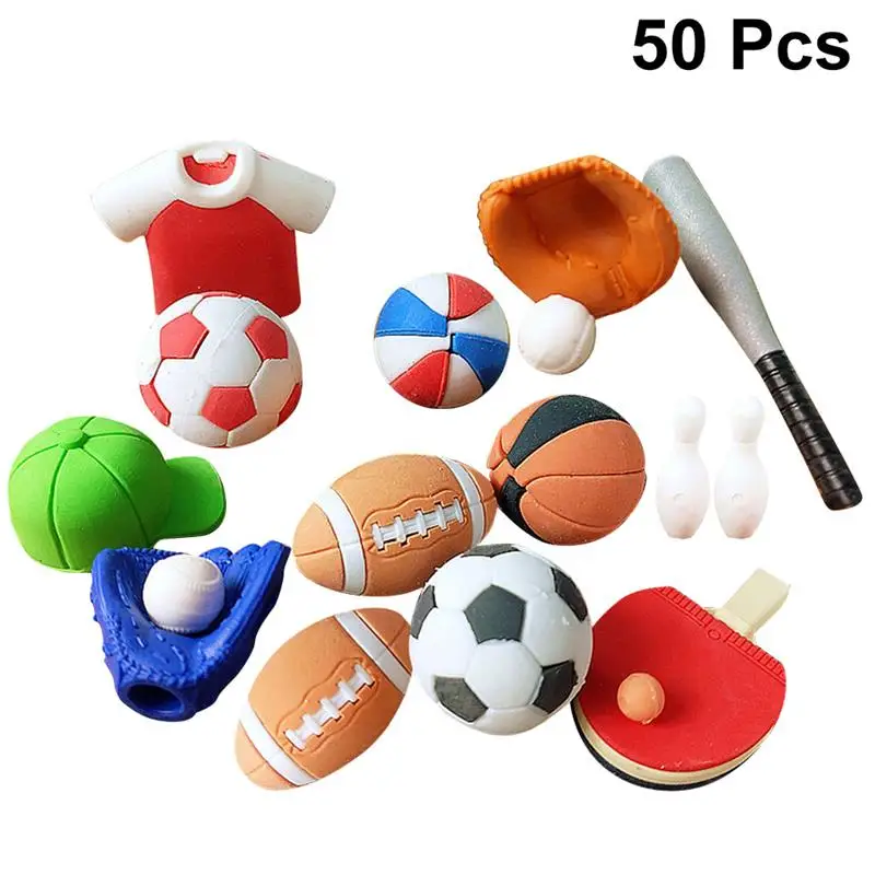 

50Pcs Football Basketball Shaped Eraser Creative Rubber Eraser Kids Stationery Eraser (Mixed Style)