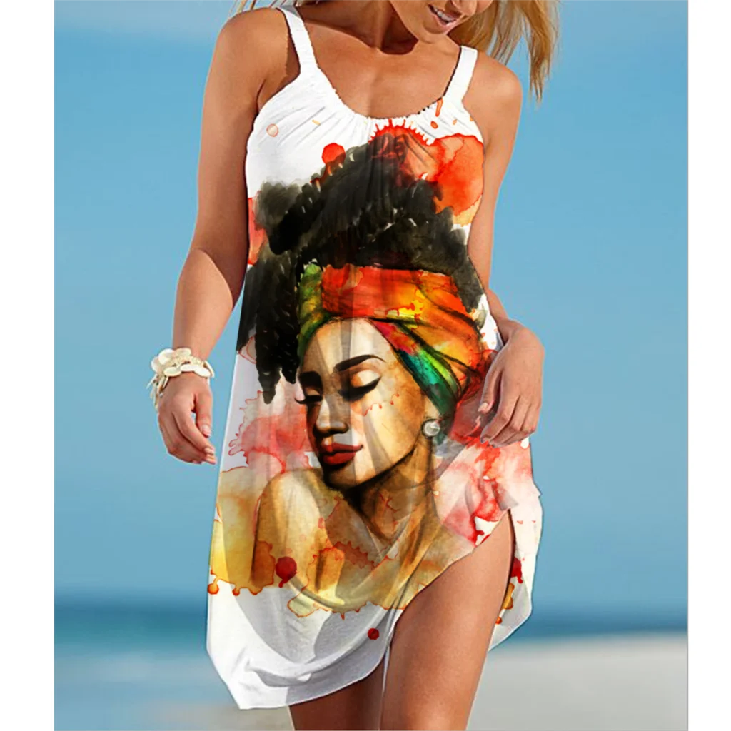 

Summer Sexy Beach Dress Portrait Painting 3D Print Vintage Women's Dresses Streetwear Boho Women's O-Neck Slingshot