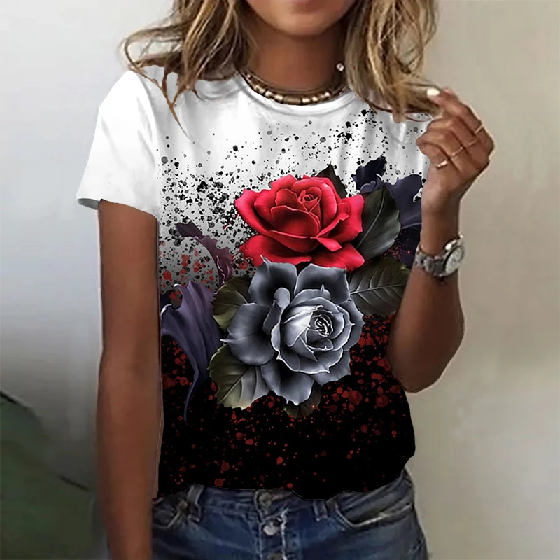 

Summer New Dazzling Rose Print Fashion Women's Street Casual Short Sleeve Round Neck Slim Comfortable T-shirt XS-8XL