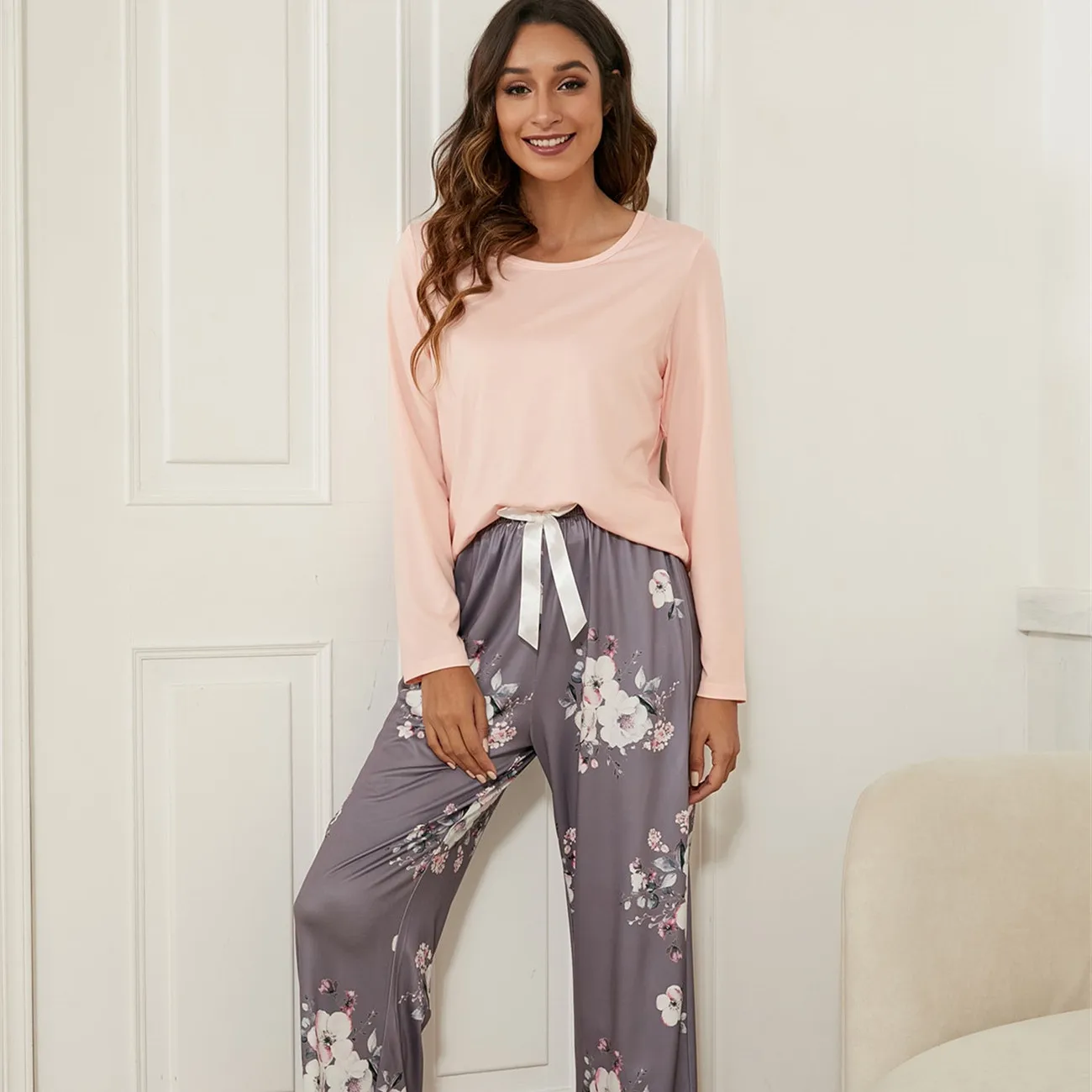 New Floral Printed Pyjama 2PCS Sleepwear Female Casual Round Neck Long Sleeve Elastic Waist Nightwear Retro Women's Pajamas Sets