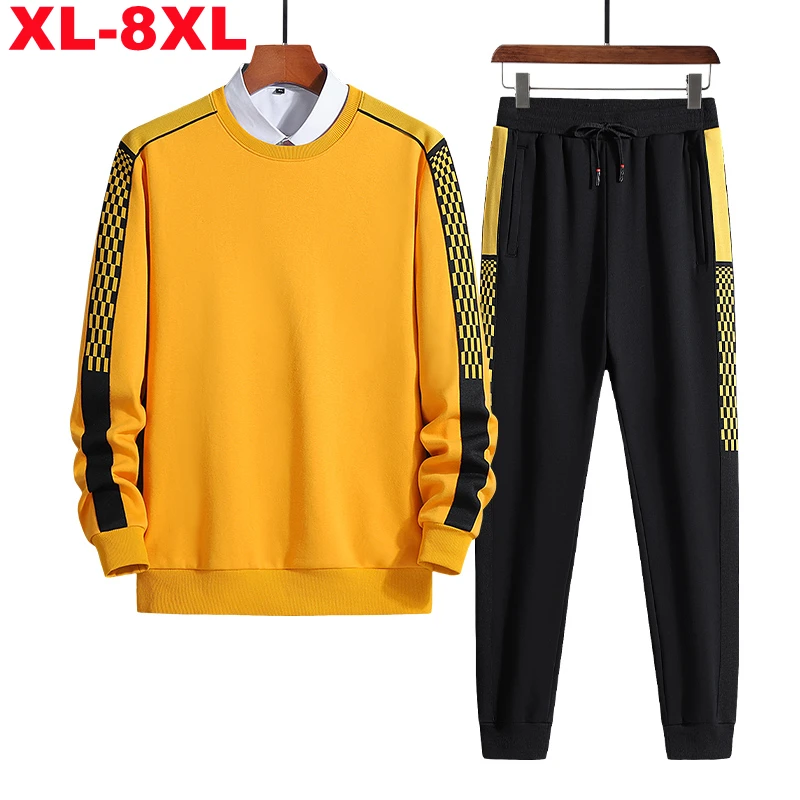 Plus Size 8xl 7xl 6xl Men 2pcs Tracksuit Sets Patchwork Sportsuit Sweatshirts Suit Male Hoodies Sweatpants Big Men's Sportswear