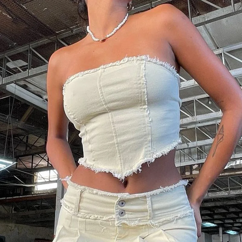 

Женские джинсовые топы-трубы, однотонные нестандартные топы с завязкой и вырезом лодочкой для взрослых, необработанные топы с необработанн...