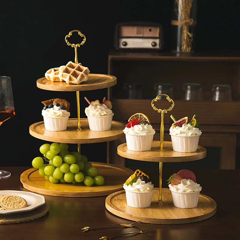 

Bamboo Wood Double Deck Dessert Dessert Plate Cake Wedding Snack Fruit String Plate Multifunctional Rack For Jewelry Storage