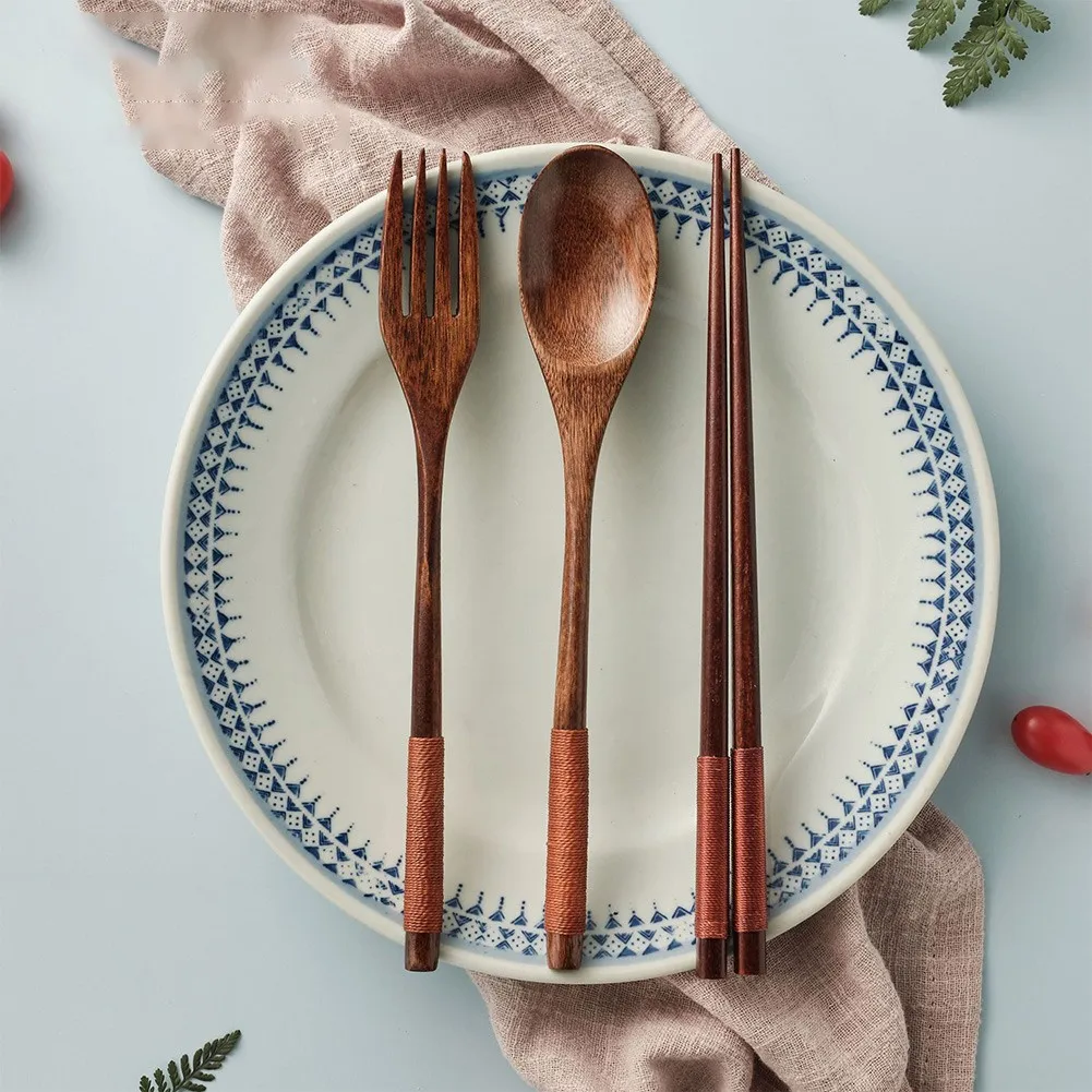 

Chopsticks Tableware Wooden Cutlery Sets With Cloth Bag Natural Spoon Fork Chopsticks Wooden Chinese Kitchen Accessories
