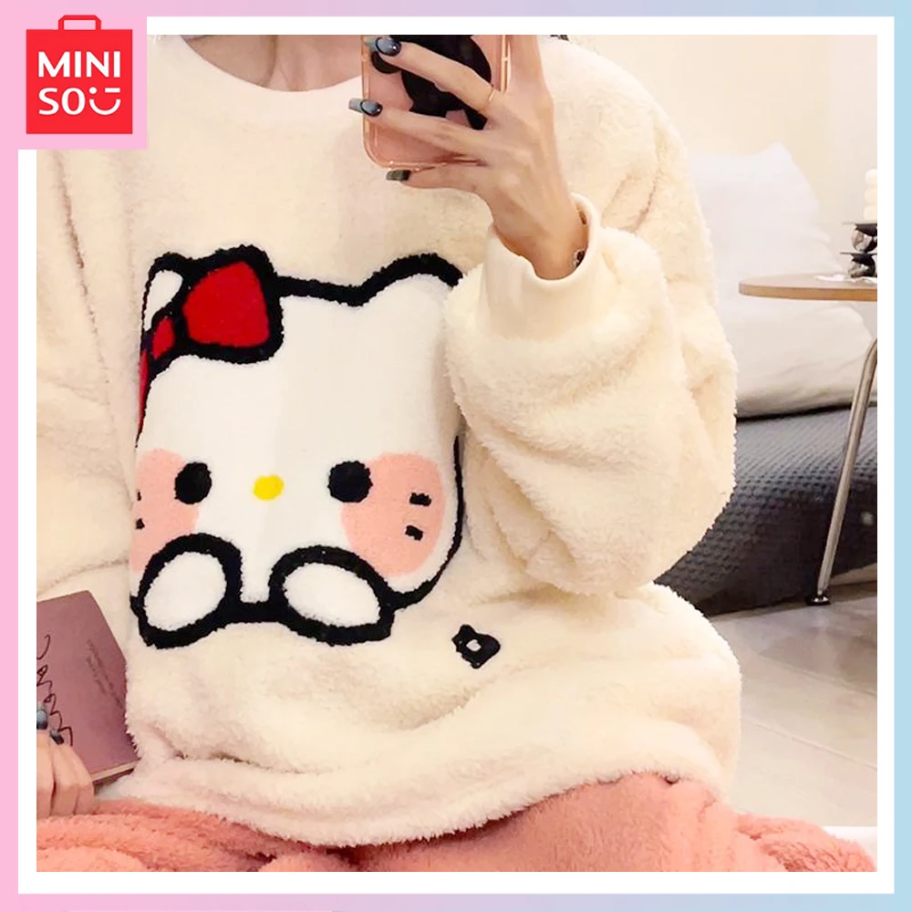 

Miniso Hello Kittys New Sweet and Cute Cartoon Coral Velvet Pajama Lady Fall Winter Flannel Velvet Thickened Homewear Set