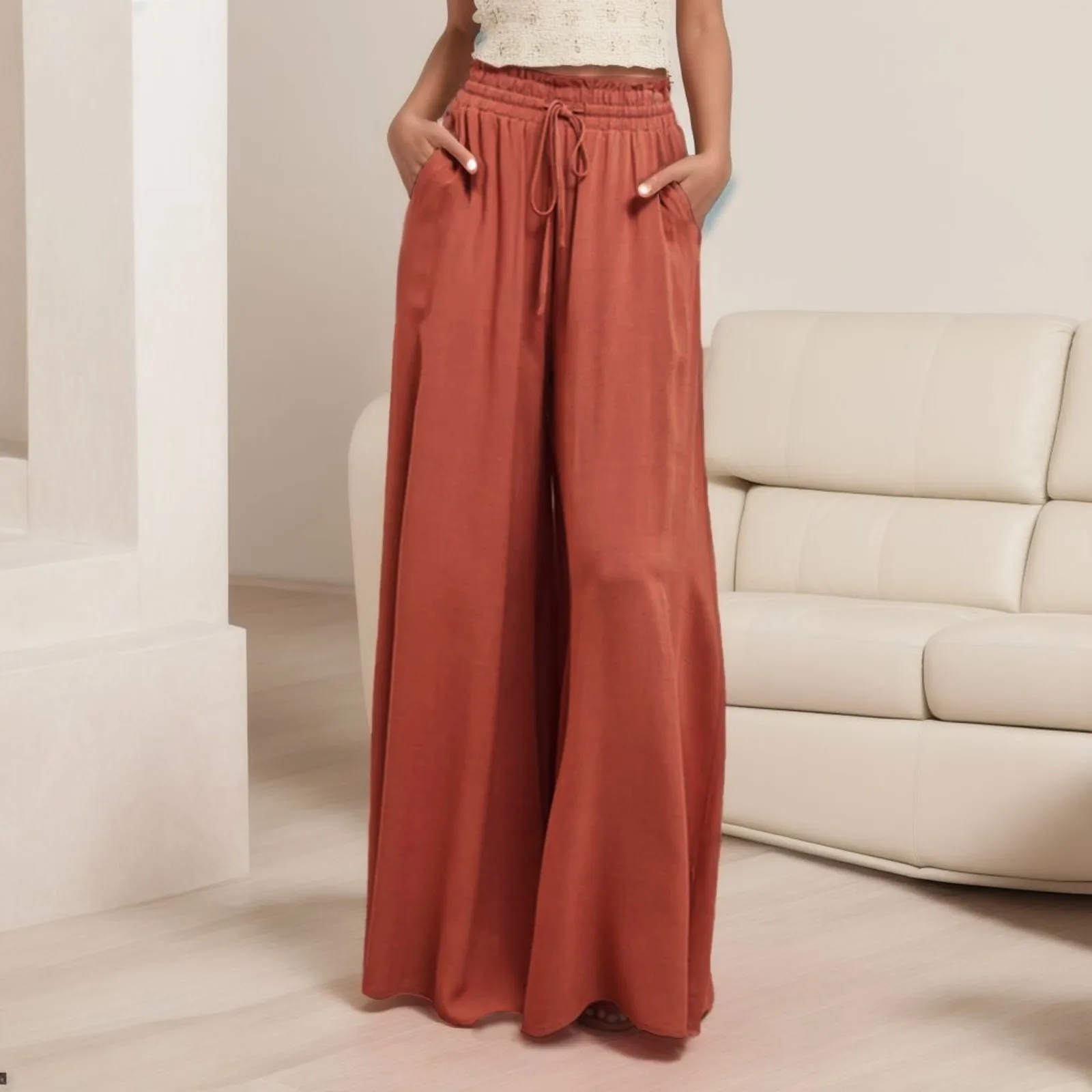

Women's Solid Color Wide Leg Pants Casual Trousers Elastic Palazzo Pants Summer Autumn High Waist Loose Drawstrings Long Pants