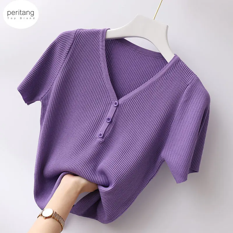 

Knitted Short Sleeve T-shirt for Women's Summer Outer Bottoming Tops 2023 New V-neck Solid Button Slim Knit Sweater Tees y2k