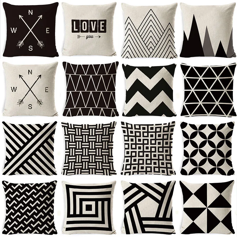 

Black White Geometry Cushion Cover 45x45cm Cotton Linen Pillowcover Decorative Throw Pillows Nordic Home Decor Pillowcase