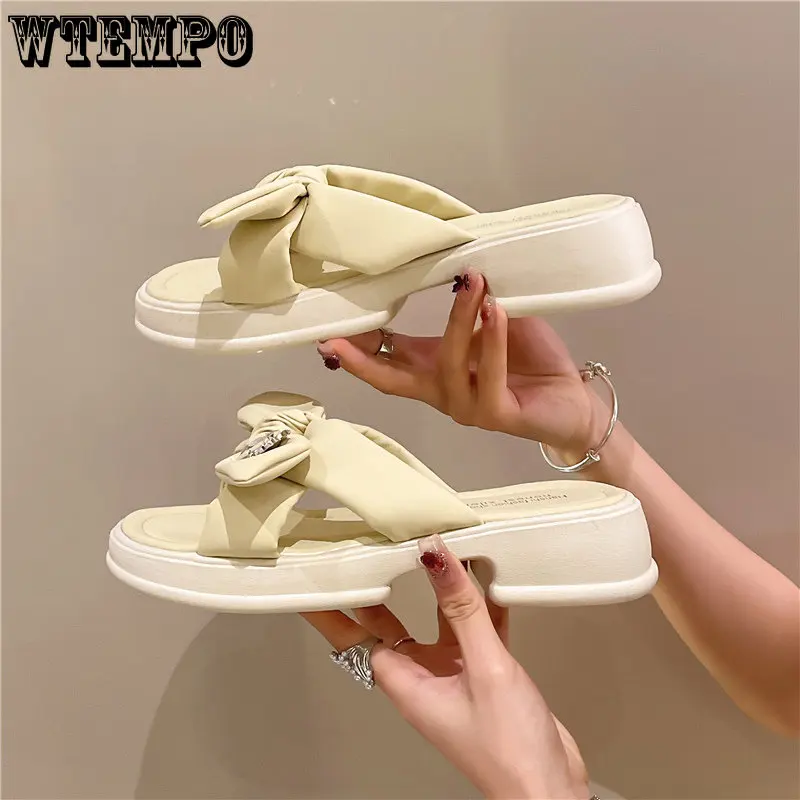 WTEMPO Summer Sandals Ladies Temperament Bow Knot Thick Bottom Soft Slippers Casual Beach Home Wear One Word Drag Wholesale