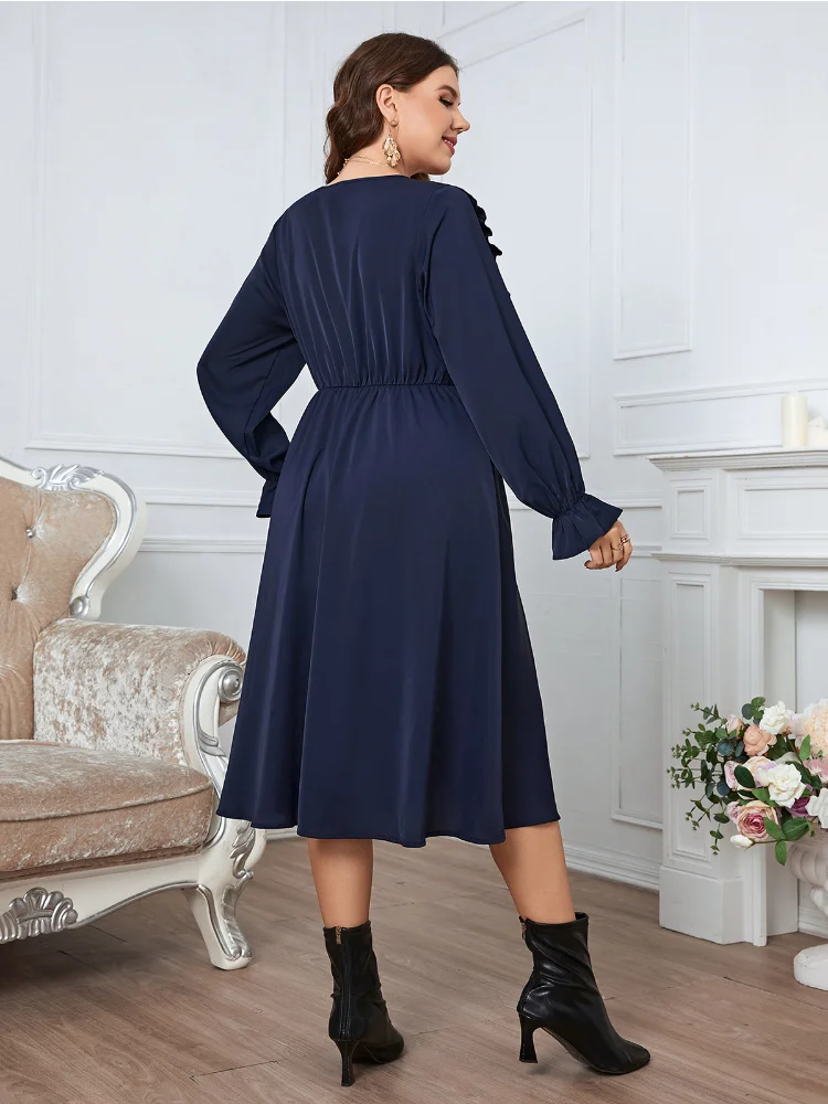 Solid color minimalist style buttons, lace sleeves, V-neck queen dress vestidos de festa plus size casamento  party dresses